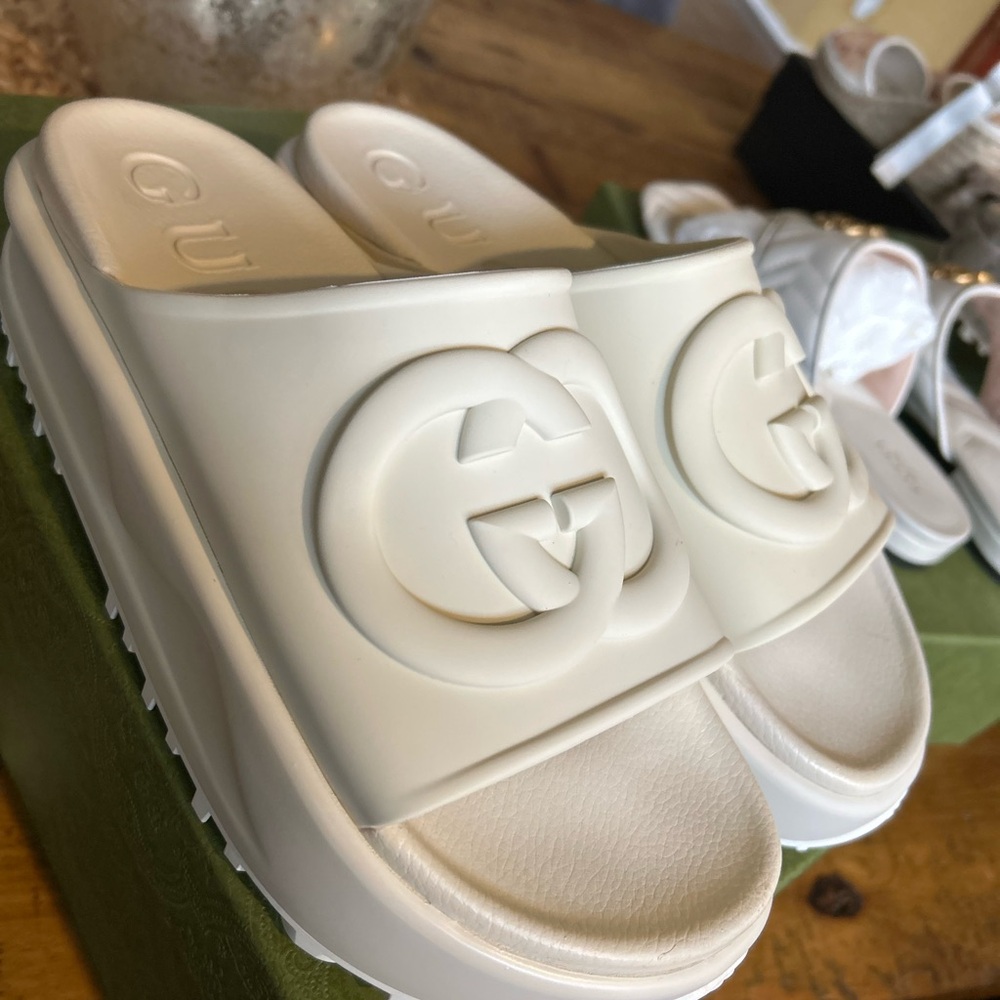 Gucci Cream Platform Slide Sandals with Raised Logo